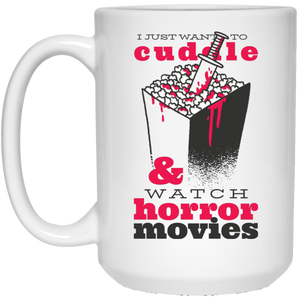 Cuddle & Horror Movies 15 oz. White Mug - [evil-amy-s-terror-shop]